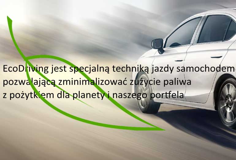 grafika przedstawia fragment auta z zielonym listkiem i tekst EcoDriving