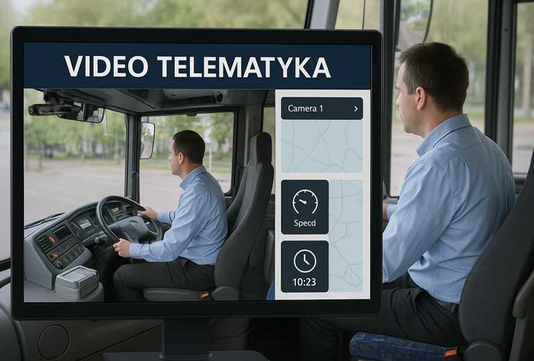 grafika przedstawia kierowcę autobusu oraz obraz wideo kabiny tego kierowcy 