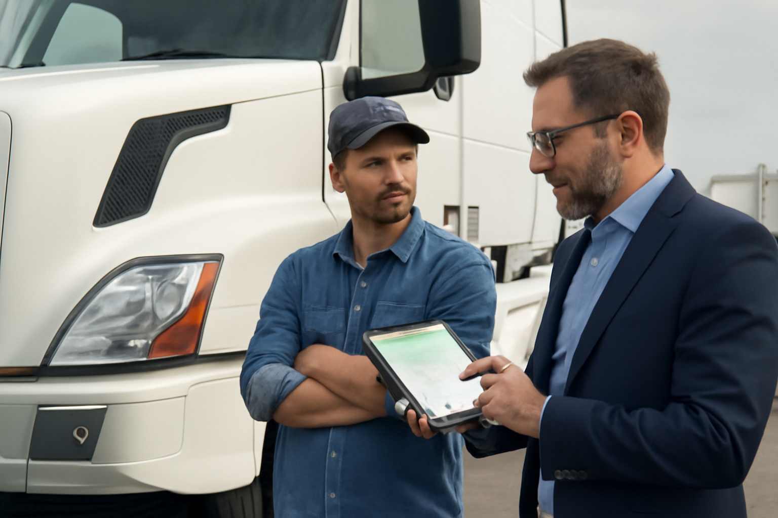 Kierowca ciężarówki i menedżer floty korzystający z monitoringu GPS