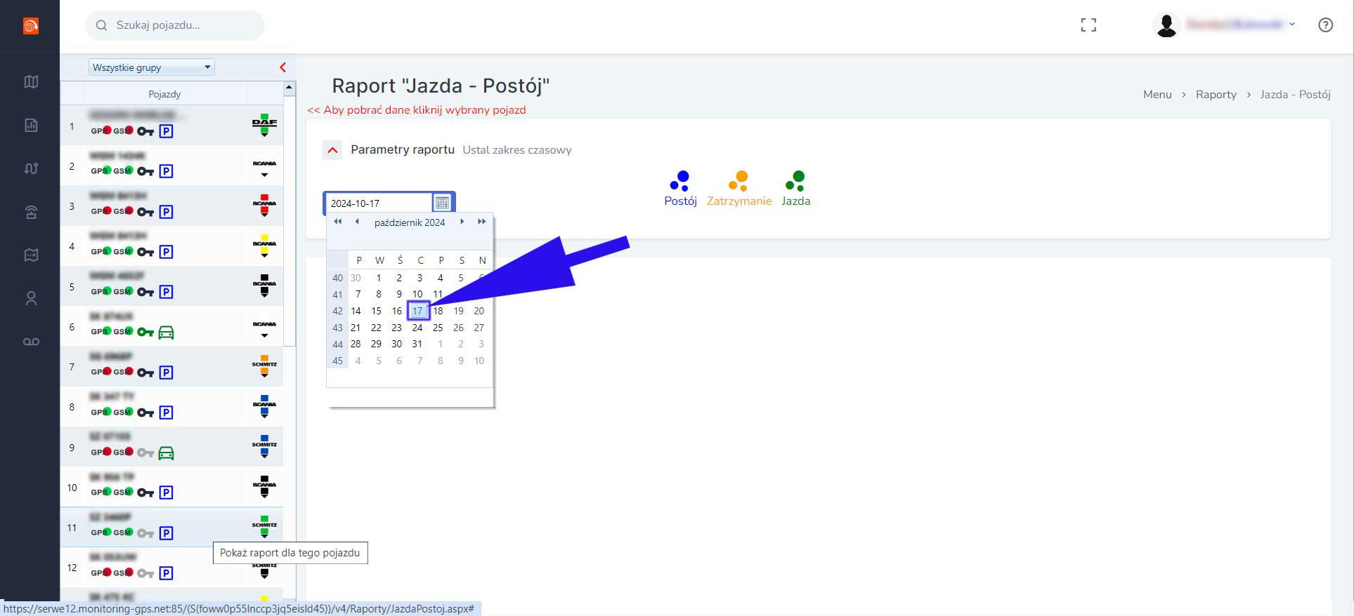 raport jazda - postój, wybór daty